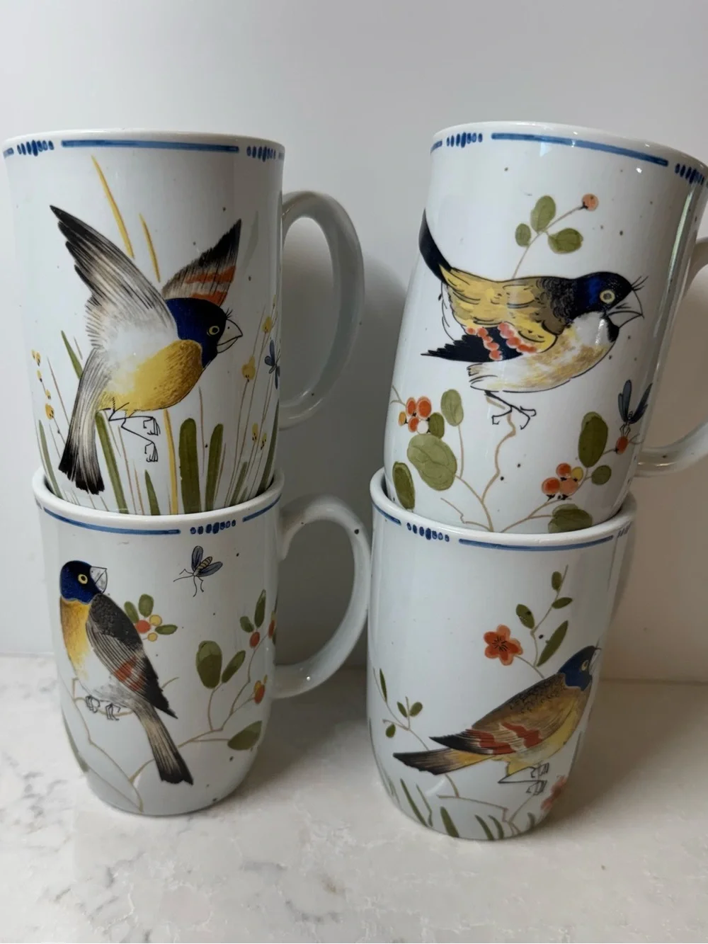 Fitz and Floyd Hand-Painted Bird Mugs in Blue, Yellow & Green